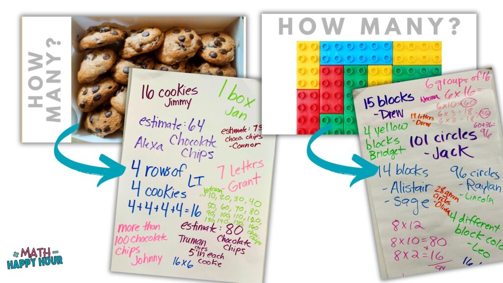 Classroom samples of student thinking during a how many math talk