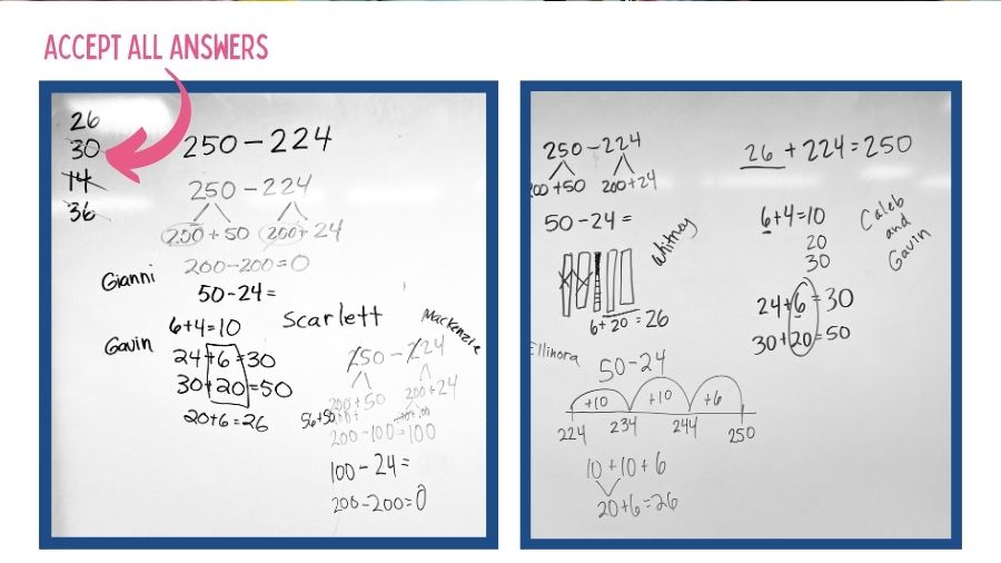 Student math thinking on whiteboard. Some answers are incorrect, but it shows thinking.